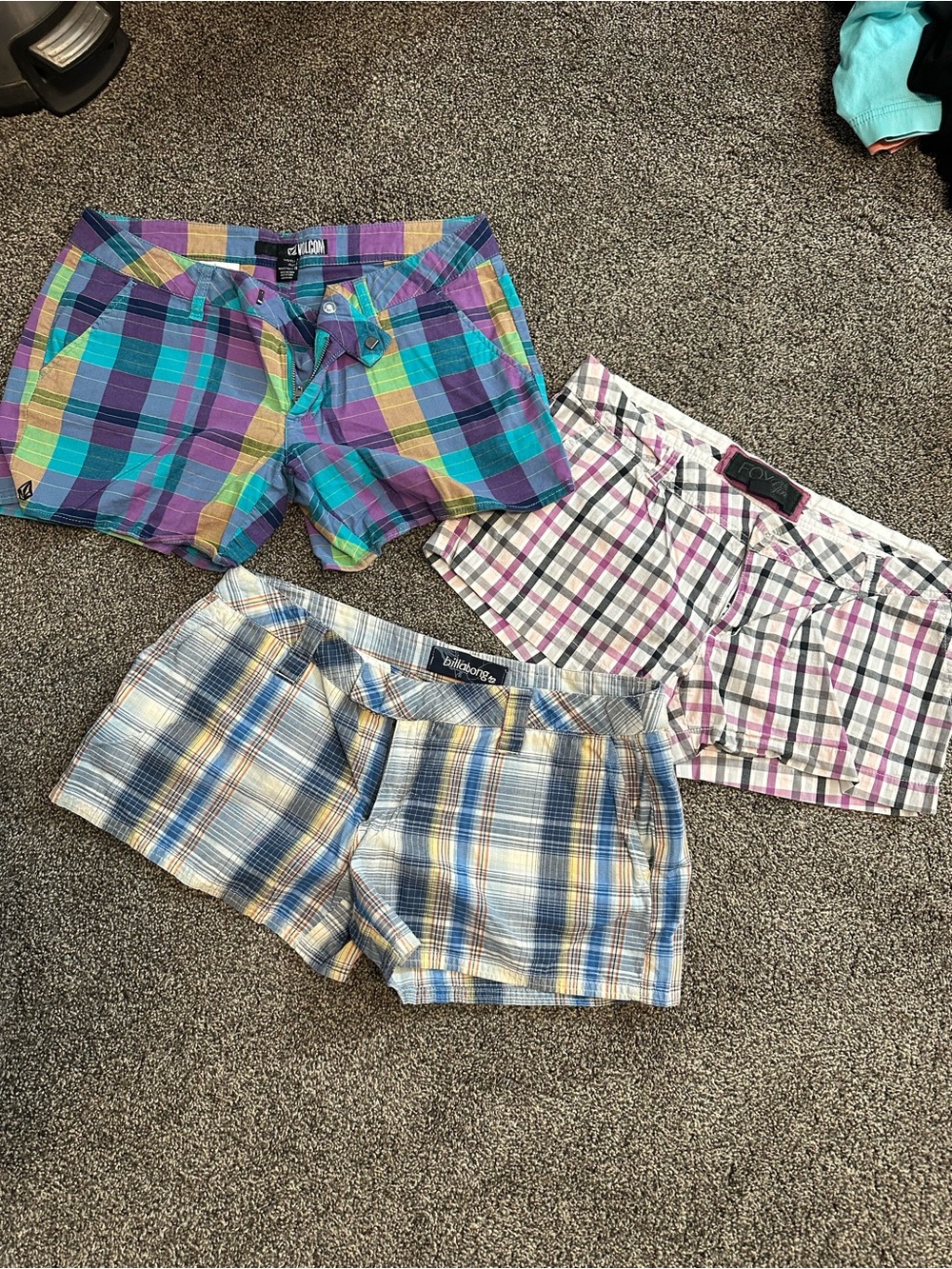 Volcom/Fox/Billabong Purple Teal Yellow Plaid Women’s Shorts